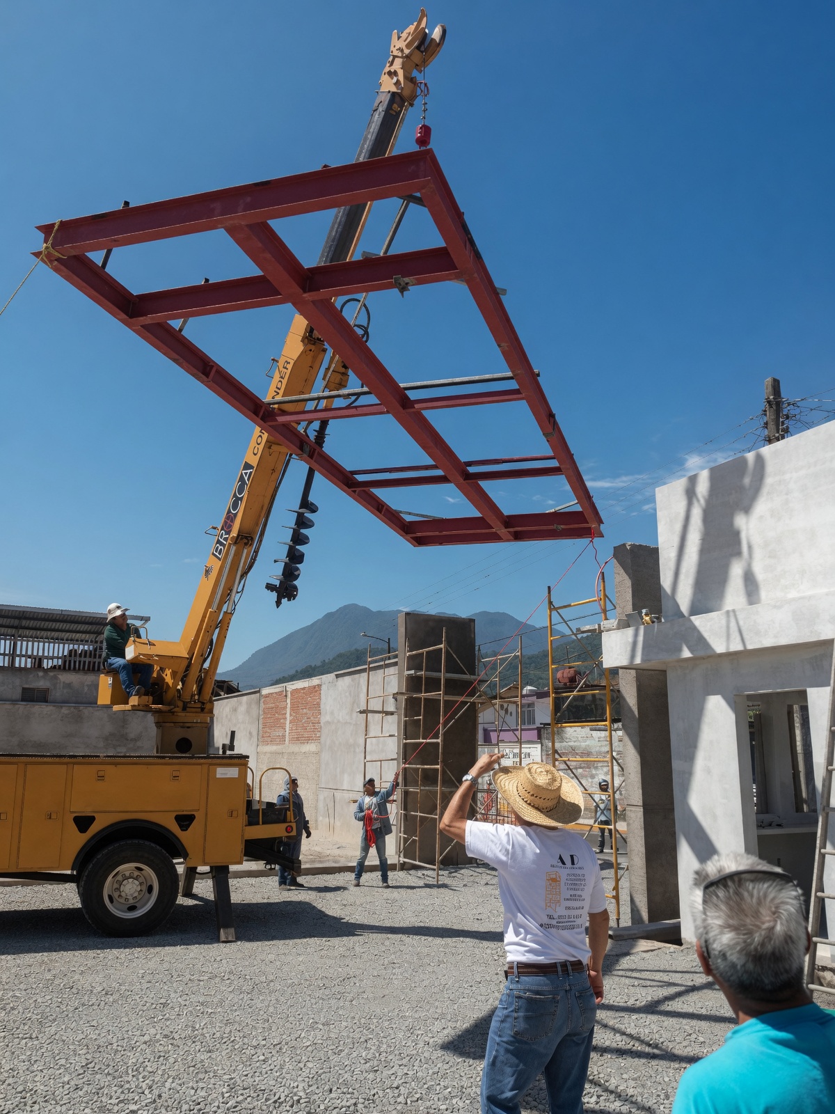 Levantamiento de estructura metálica con grúa en obra de AP Contratistas